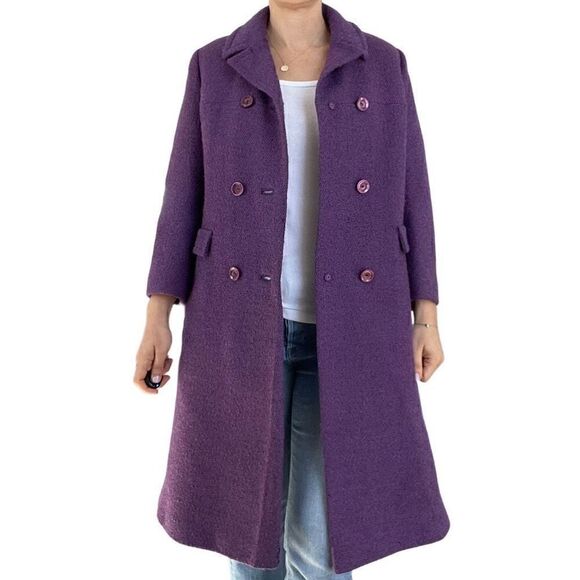 Vintage 80s 1980s Wool Purple Peacoat Double Breasted Women Size Medium Classic - Picture 6 of 12
